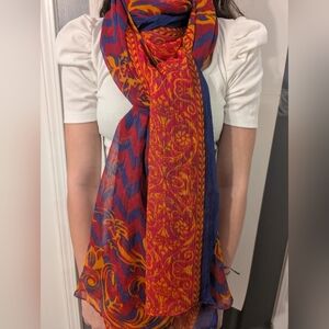 Sheer Large Royal Blue, Red and Orangy Gold Shawl, Scarf or‎ Wrap